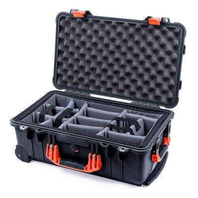 Pelican 1510 Case, Black with Orange Handles & Latches Gray Padded Microfiber Dividers with Convolute Lid Foam ColorCase 015100-0070-110-150