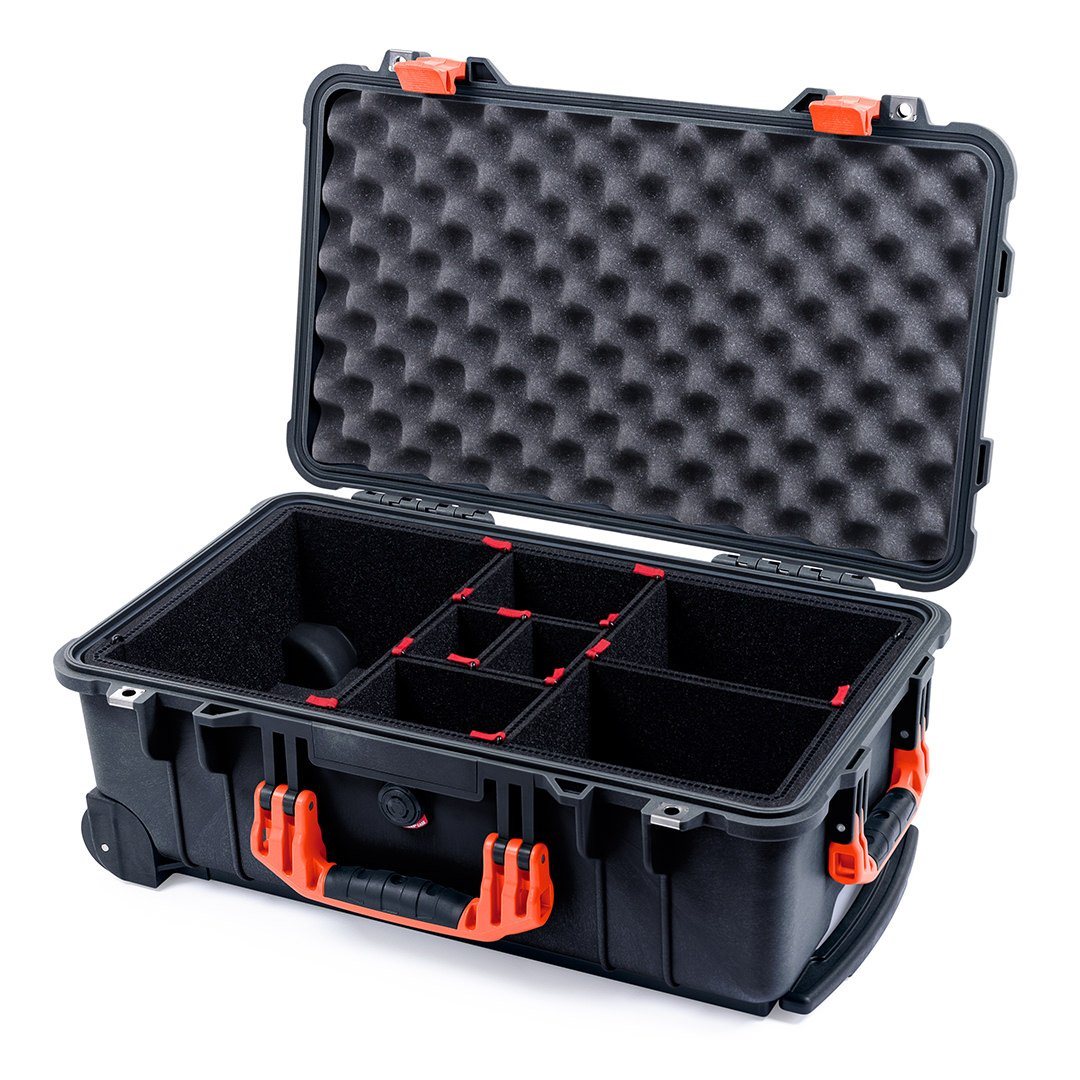 Pelican 1510 Case, Black with Orange Handles &amp; Latches TrekPak Divider System with Convolute Lid Foam ColorCase 015100-0020-110-150
