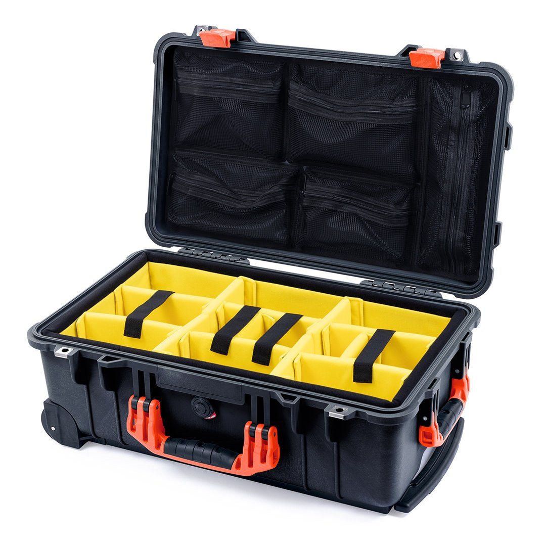 Pelican 1510 Case, Black with Orange Handles &amp; Latches Yellow Padded Microfiber Dividers with Mesh Lid Organizer ColorCase 015100-0110-110-150
