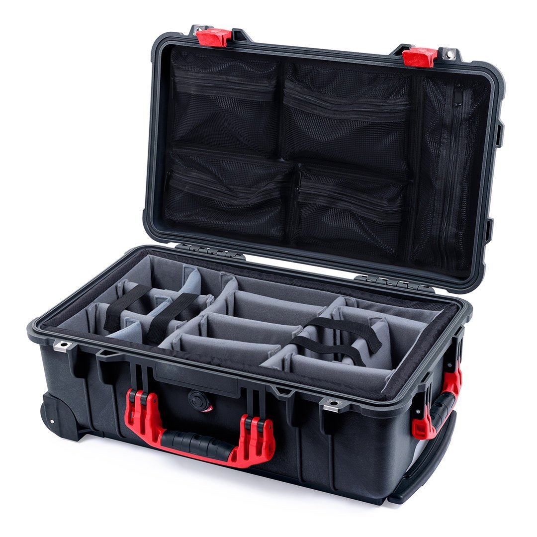 Pelican 1510 Case, Black with Red Handles &amp; Latches Gray Padded Microfiber Dividers with Mesh Lid Organizer ColorCase 015100-0170-110-320