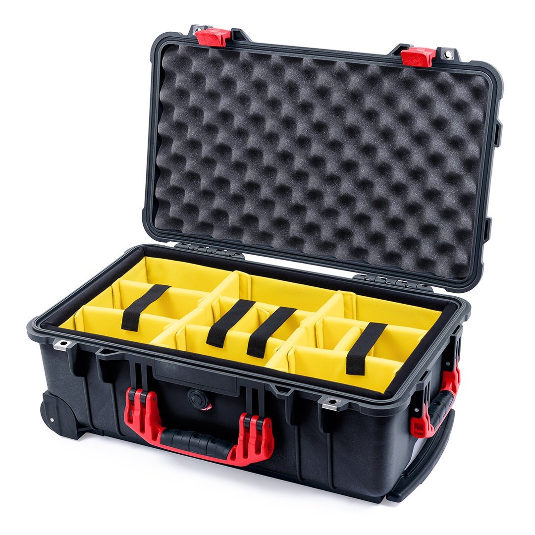 Pelican 1510 Case, Black with Red Handles &amp; Latches Yellow Padded Microfiber Dividers with Convolute Lid Foam ColorCase 015100-0010-110-320