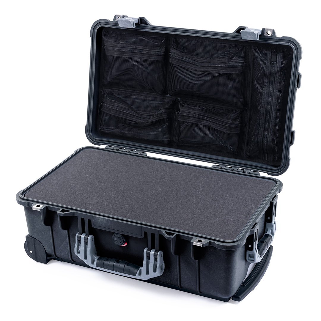 Pelican 1510 Case, Black with Silver Handles &amp; Latches Pick &amp; Pluck Foam with Mesh Lid Organizer ColorCase 015100-0101-110-180