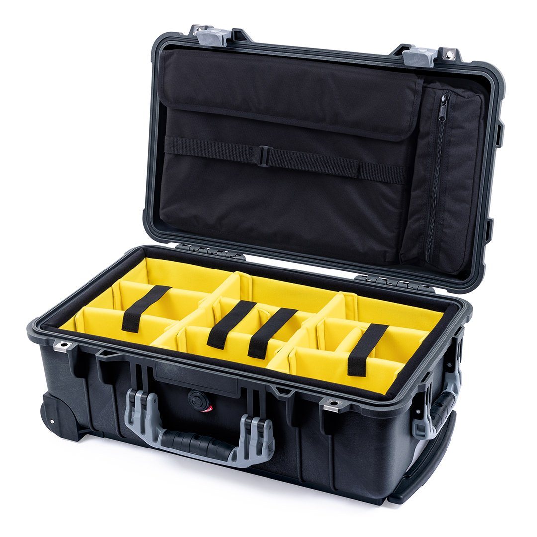 Pelican 1510 Case, Black with Silver Handles &amp; Latches Yellow Padded Microfiber Dividers with Computer Pouch ColorCase 015100-0210-110-180