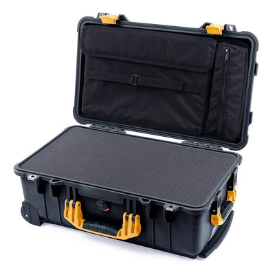 Pelican 1510 Case, Black with Yellow Handles & Latches Pick & Pluck Foam with Computer Pouch ColorCase 015100-0201-110-240