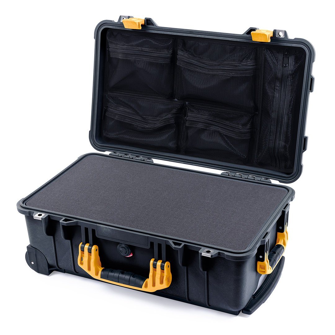Pelican 1510 Case, Black with Yellow Handles &amp; Latches Pick &amp; Pluck Foam with Mesh Lid Organizer ColorCase 015100-0101-110-240