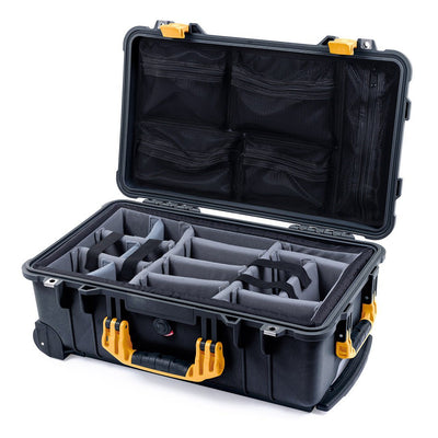 Pelican 1510 Case, Black with Yellow Handles & Latches Gray Padded Microfiber Dividers with Mesh Lid Organizer ColorCase 015100-0170-110-240