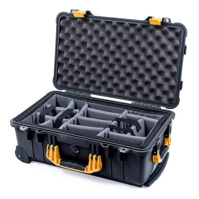 Pelican 1510 Case, Black with Yellow Handles & Latches Gray Padded Microfiber Dividers with Convolute Lid Foam ColorCase 015100-0070-110-240