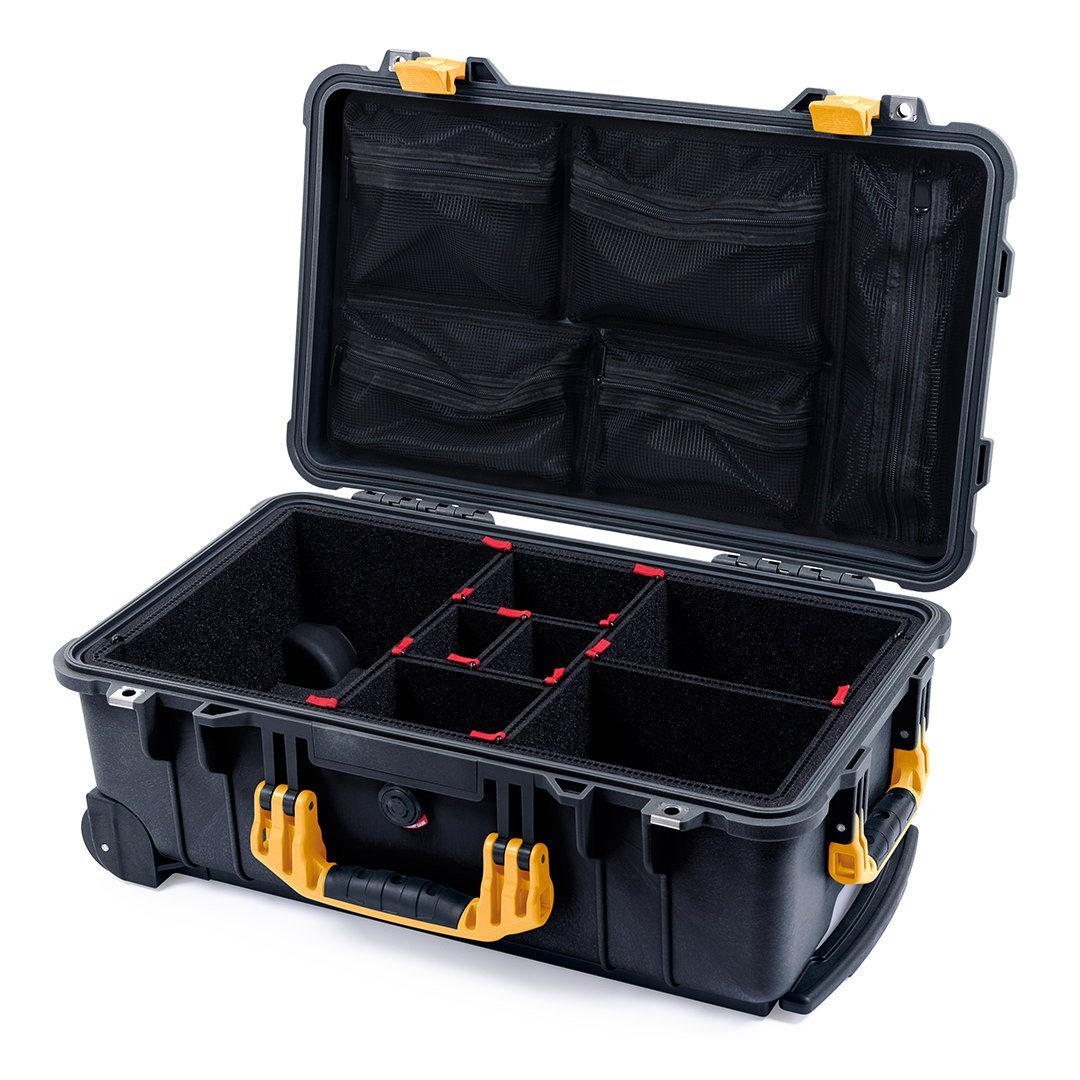 Pelican 1510 Case, Black with Yellow Handles &amp; Latches TrekPak Divider System with Mesh Lid Organizer ColorCase 015100-0120-110-240