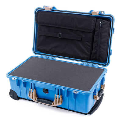 Pelican 1510 Case, Blue with Desert Tan Handles & Latches Pick & Pluck Foam with Computer Pouch ColorCase 015100-0201-120-310
