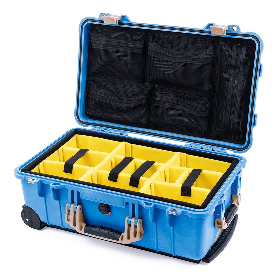 Pelican 1510 Case, Blue with Desert Tan Handles &amp; Latches Yellow Padded Microfiber Dividers with Mesh Lid Organizer ColorCase 015100-0110-120-310