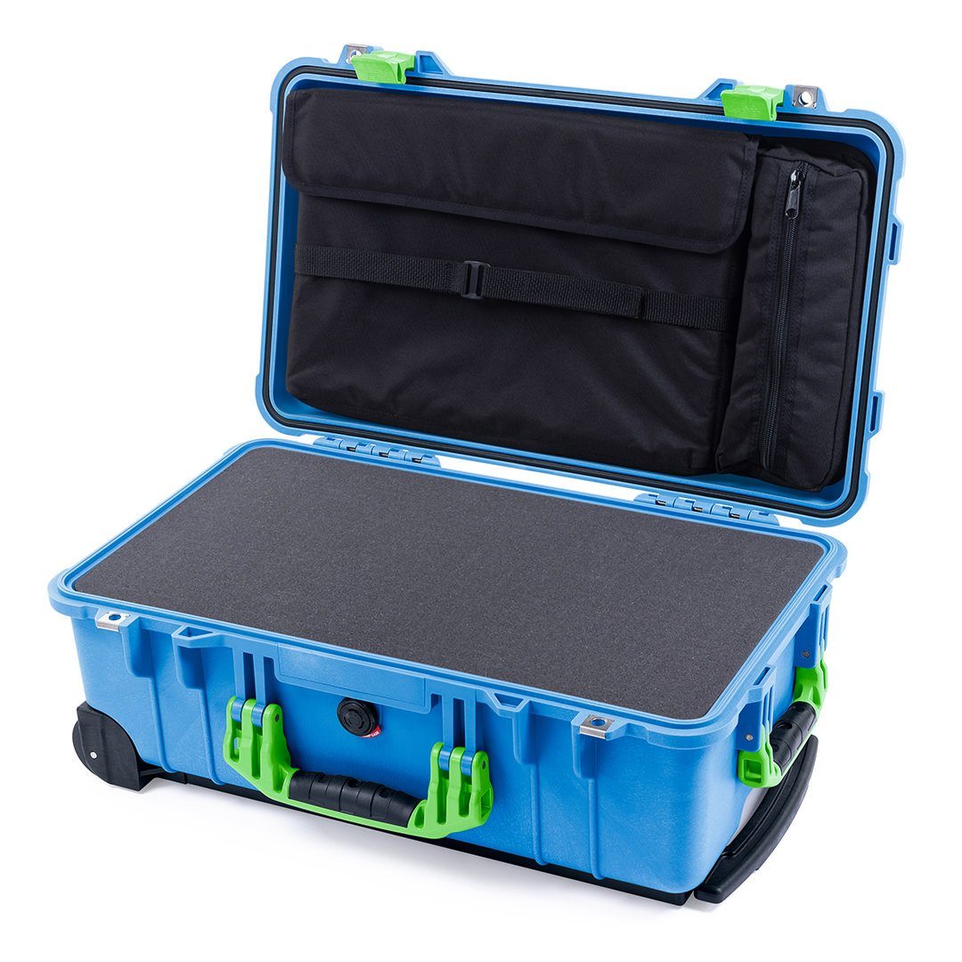 Pelican 1510 Case, Blue with Lime Green Handles &amp; Latches Pick &amp; Pluck Foam with Computer Pouch ColorCase 015100-0201-120-300