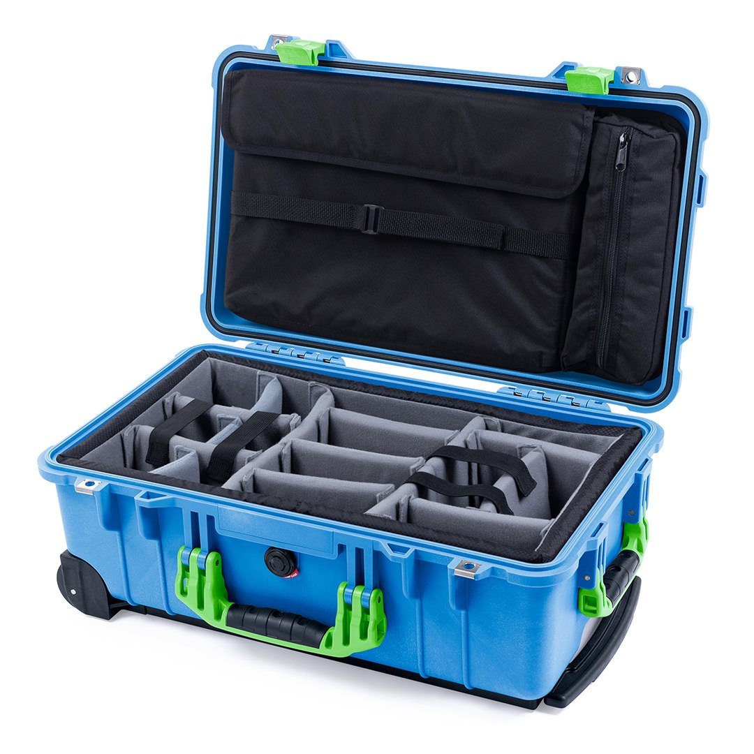 Pelican 1510 Case, Blue with Lime Green Handles &amp; Latches Gray Padded Microfiber Dividers with Computer Pouch ColorCase 015100-0270-120-300