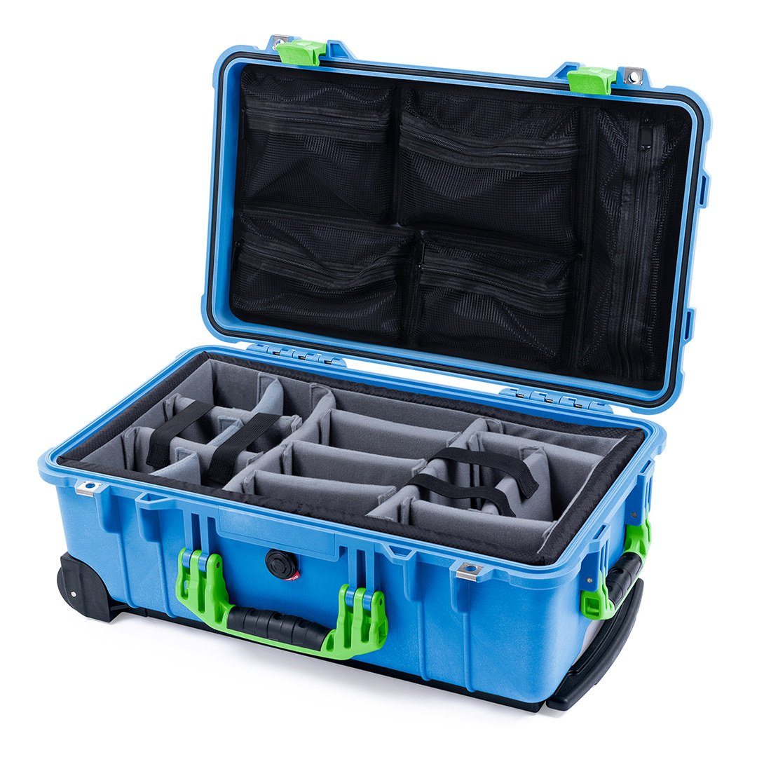 Pelican 1510 Case, Blue with Lime Green Handles &amp; Latches Gray Padded Microfiber Dividers with Mesh Lid Organizer ColorCase 015100-0170-120-300