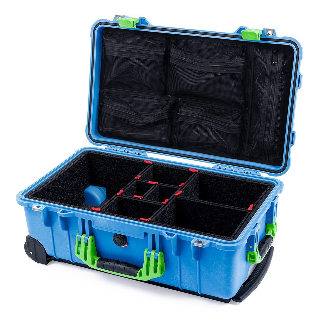 Pelican 1510 Case, Blue with Lime Green Handles &amp; Latches TrekPak Divider System with Mesh Lid Organizer ColorCase 015100-0120-120-300