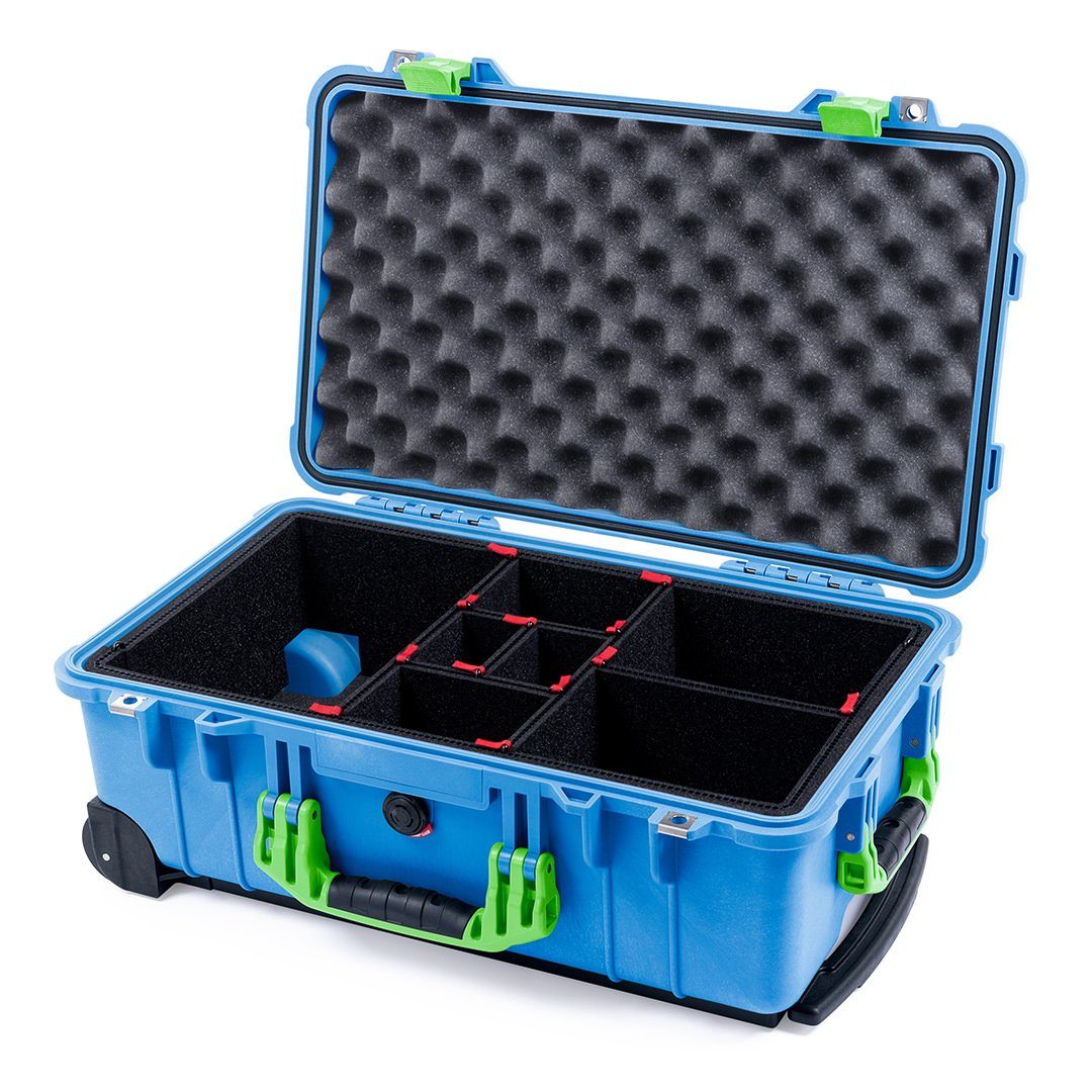 Pelican 1510 Case, Blue with Lime Green Handles &amp; Latches TrekPak Divider System with Convolute Lid Foam ColorCase 015100-0020-120-300
