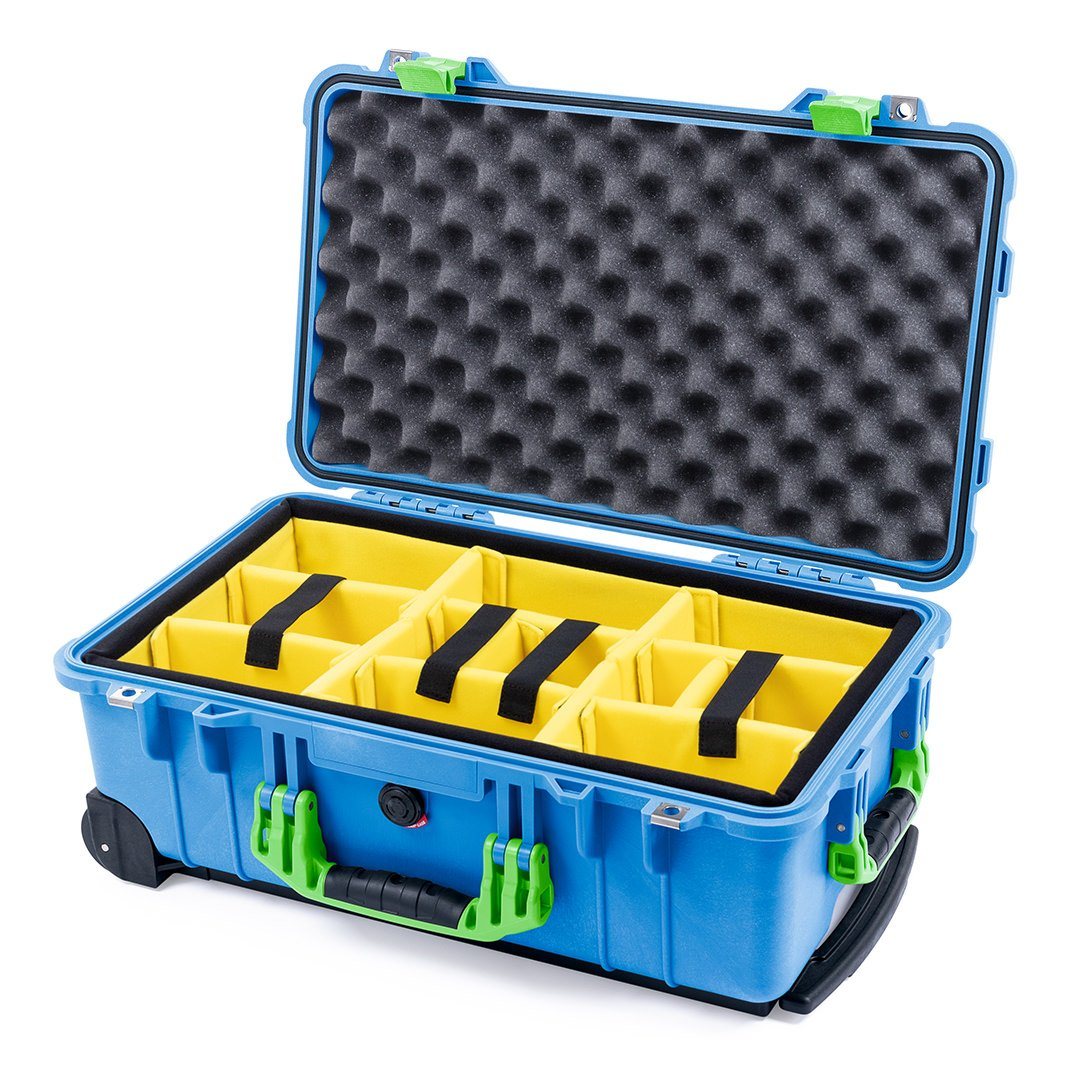 Pelican 1510 Case, Blue with Lime Green Handles &amp; Latches Yellow Padded Microfiber Dividers with Convolute Lid Foam ColorCase 015100-0010-120-300