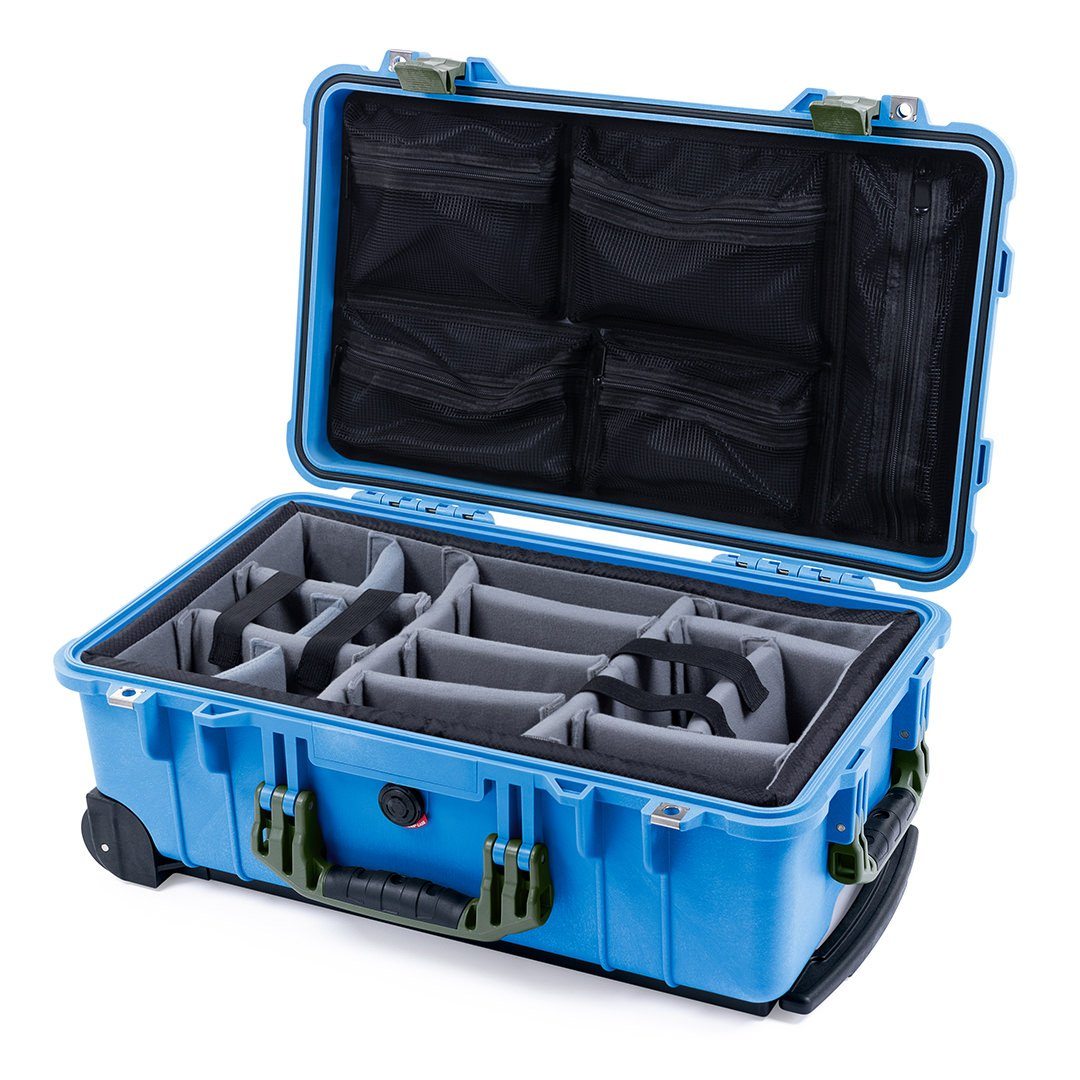 Pelican 1510 Case, Blue with OD Green Handles &amp; Latches Gray Padded Microfiber Dividers with Mesh Lid Organizer ColorCase 015100-0170-120-130