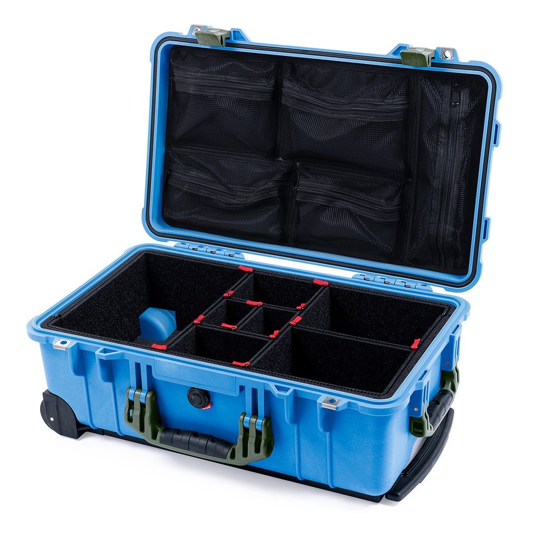 Pelican 1510 Case, Blue with OD Green Handles &amp; Latches TrekPak Divider System with Mesh Lid Organizer ColorCase 015100-0120-120-130