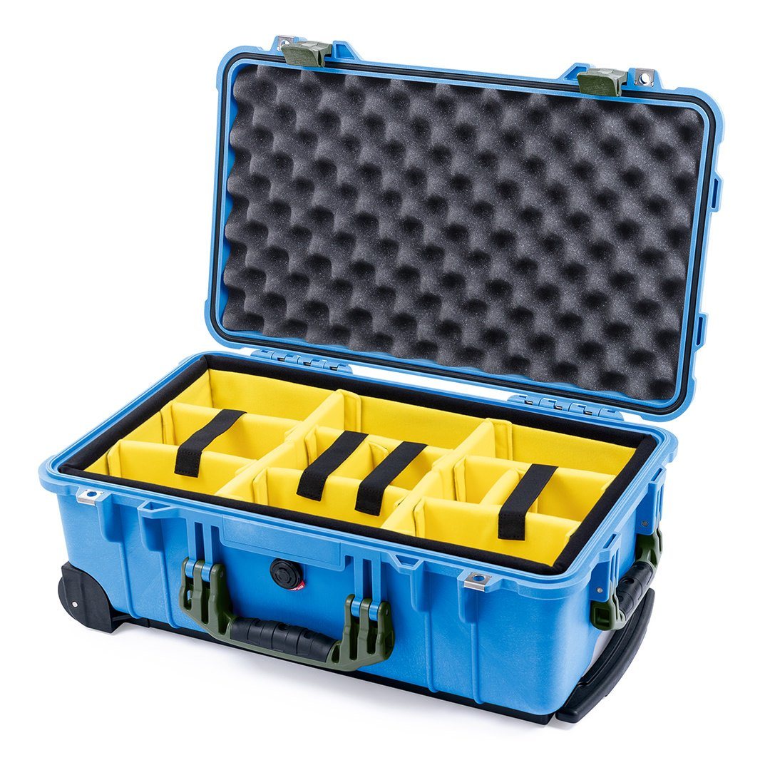Pelican 1510 Case, Blue with OD Green Handles &amp; Latches Yellow Padded Microfiber Dividers with Convolute Lid Foam ColorCase 015100-0010-120-130