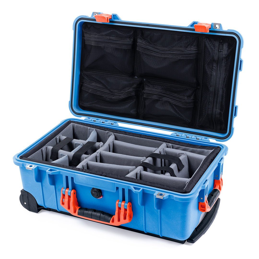Pelican 1510 Case, Blue with Orange Handles &amp; Latches Gray Padded Microfiber Dividers with Mesh Lid Organizer ColorCase 015100-0170-120-150