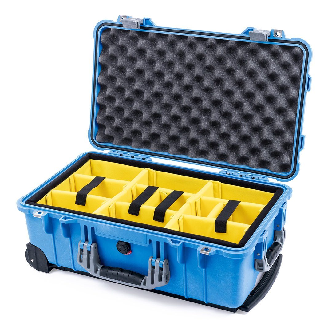 Pelican 1510 Case, Blue with Silver Handles &amp; Latches Yellow Padded Microfiber Dividers with Convolute Lid Foam ColorCase 015100-0010-120-180