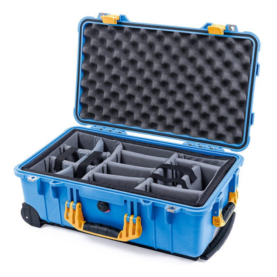 Pelican 1510 Case, Blue with Yellow Handles & Latches Gray Padded Microfiber Dividers with Convolute Lid Foam ColorCase 015100-0070-120-240