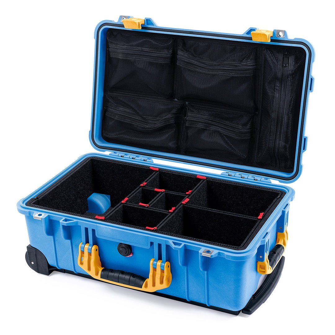 Pelican 1510 Case, Blue with Yellow Handles &amp; Latches TrekPak Divider System with Mesh Lid Organizer ColorCase 015100-0120-120-240