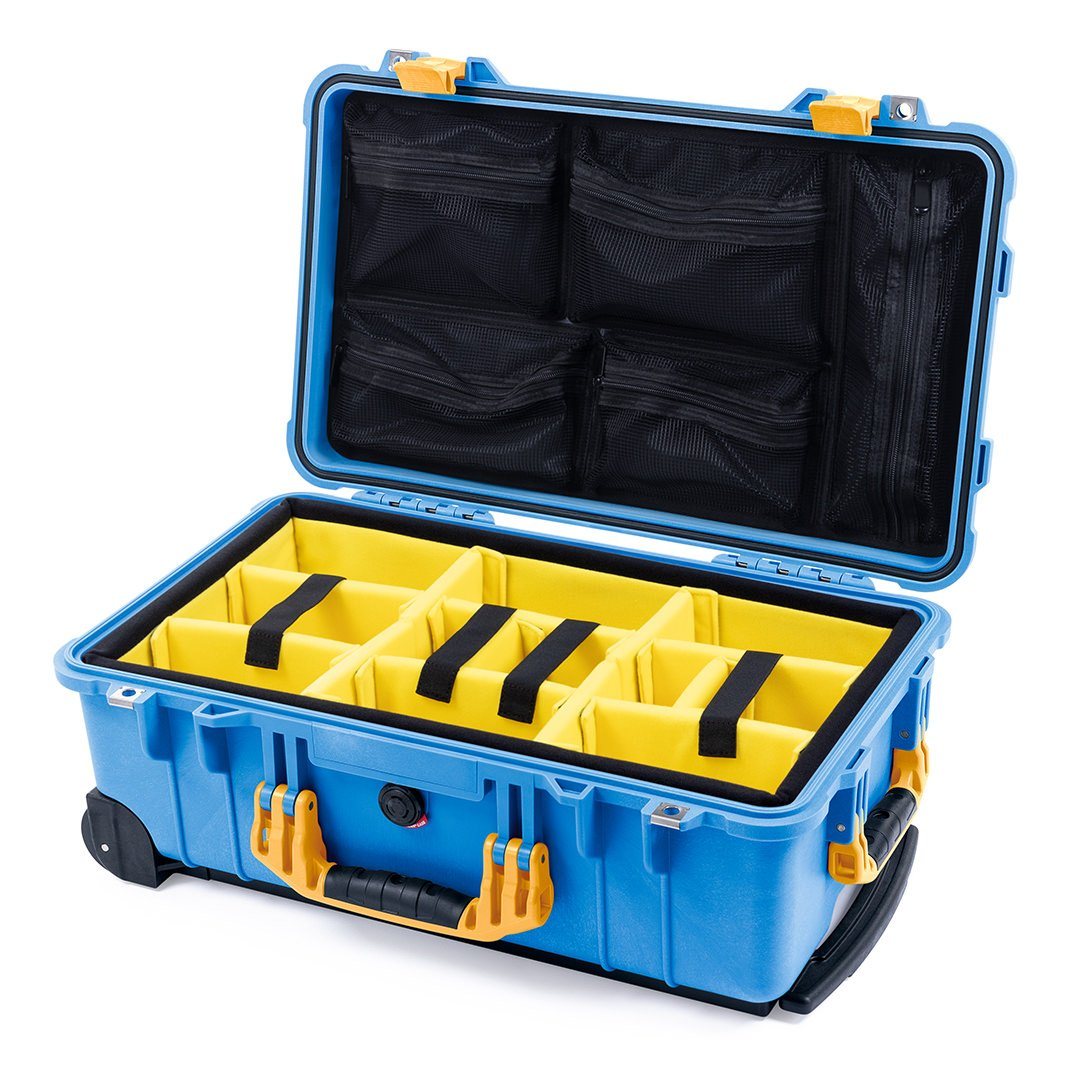 Pelican 1510 Case, Blue with Yellow Handles &amp; Latches Yellow Padded Microfiber Dividers with Mesh Lid Organizer ColorCase 015100-0110-120-240