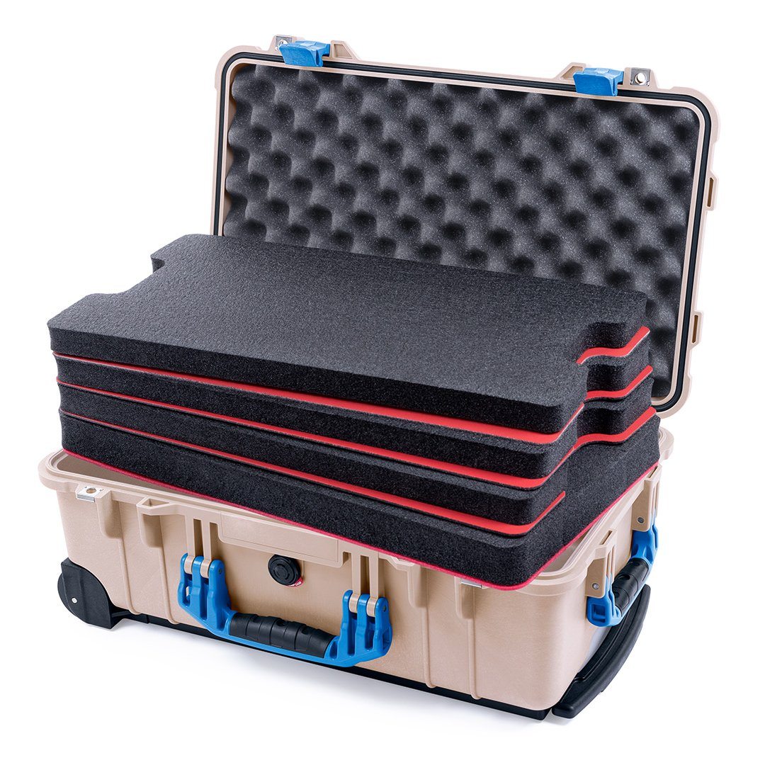 Pelican 1510 Case, Desert Tan with Blue Handles &amp; Latches Custom Tool Kit (4 Foam Inserts with Convolute Lid Foam) ColorCase 015100-0060-310-120