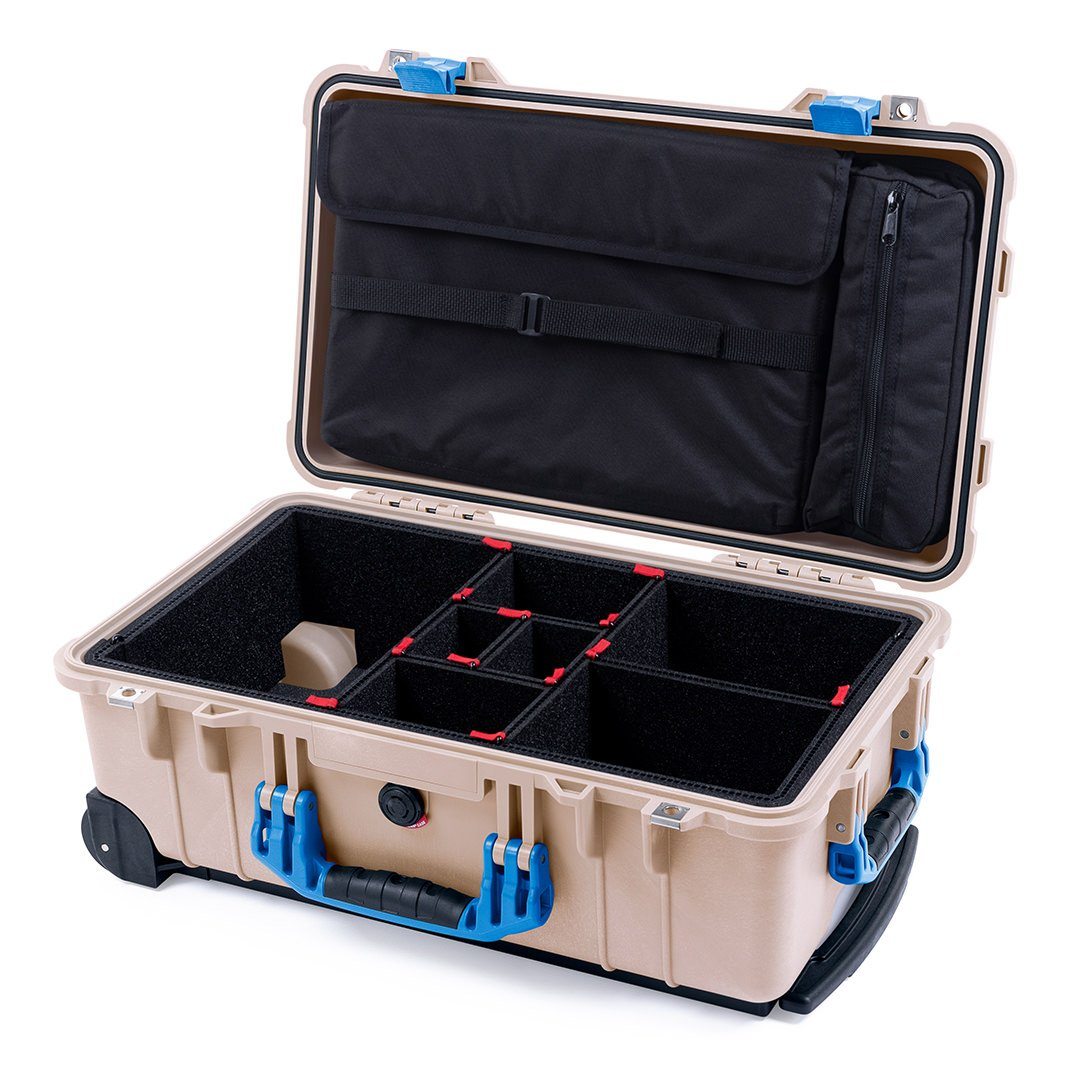 Pelican 1510 Case, Desert Tan with Blue Handles & Latches TrekPak Divider System with Computer Pouch ColorCase 015100-0220-310-120
