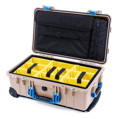 Pelican 1510 Case, Desert Tan with Blue Handles & Latches Yellow Padded Microfiber Dividers with Computer Pouch ColorCase 015100-0210-310-120