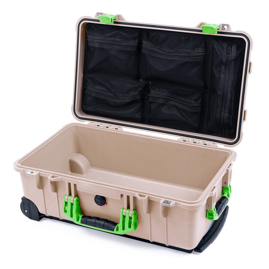 Pelican 1510 Case, Desert Tan with Lime Green Handles &amp; Latches Mesh Lid Organizer Only ColorCase 015100-0100-310-300