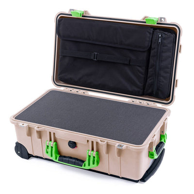 Pelican 1510 Case, Desert Tan with Lime Green Handles & Latches Pick & Pluck Foam with Computer Pouch ColorCase 015100-0201-310-300