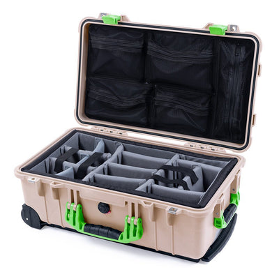 Pelican 1510 Case, Desert Tan with Lime Green Handles & Latches Gray Padded Microfiber Dividers with Mesh Lid Organizer ColorCase 015100-0170-310-300