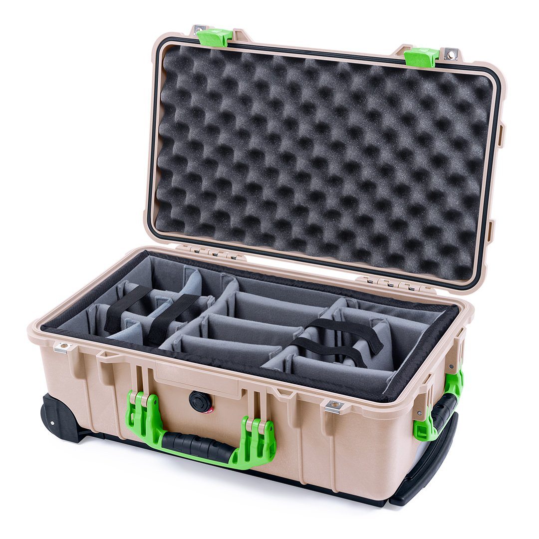 Pelican 1510 Case, Desert Tan with Lime Green Handles &amp; Latches Gray Padded Microfiber Dividers with Convolute Lid Foam ColorCase 015100-0070-310-300