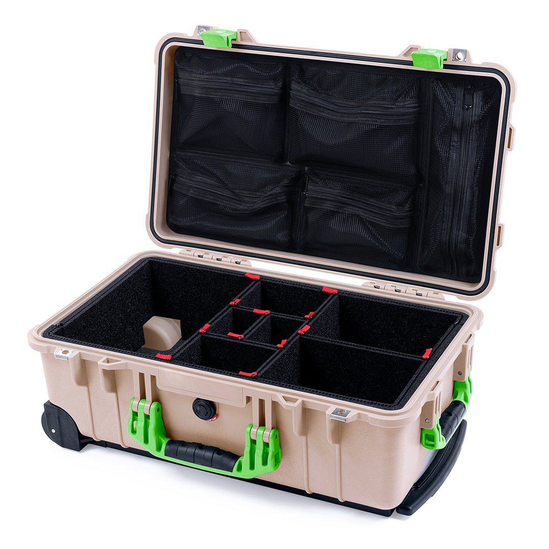 Pelican 1510 Case, Desert Tan with Lime Green Handles &amp; Latches TrekPak Divider System with Mesh Lid Organizer ColorCase 015100-0120-310-300