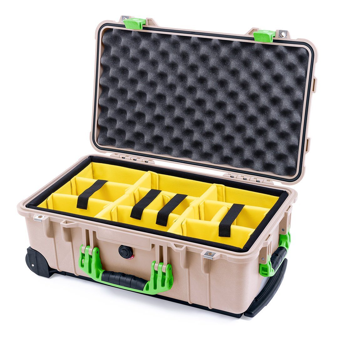 Pelican 1510 Case, Desert Tan with Lime Green Handles &amp; Latches Yellow Padded Microfiber Dividers with Convolute Lid Foam ColorCase 015100-0010-310-300