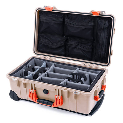 Pelican 1510 Case, Desert Tan with Orange Handles & Latches Gray Padded Microfiber Dividers with Mesh Lid Organizer ColorCase 015100-0170-310-150