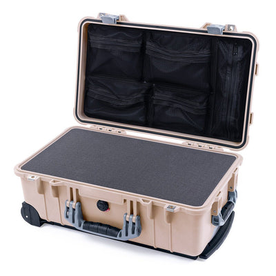 Pelican 1510 Case, Desert Tan with Silver Handles & Latches Pick & Pluck Foam with Mesh Lid Organizer ColorCase 015100-0101-310-180