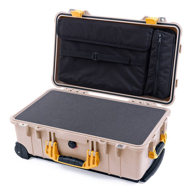 Pelican 1510 Case, Desert Tan with Yellow Handles & Latches Pick & Pluck Foam with Computer Pouch ColorCase 015100-0201-310-240
