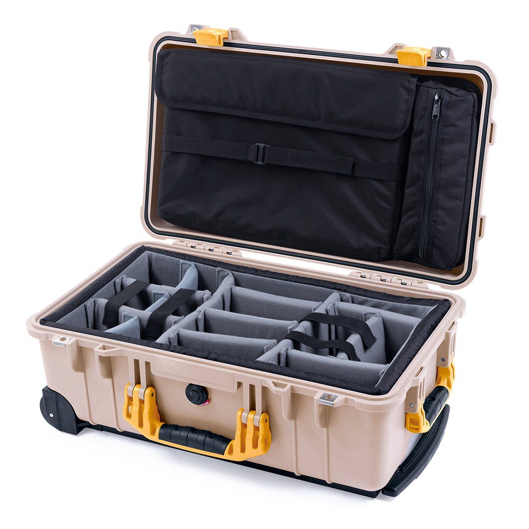 Pelican 1510 Case, Desert Tan with Yellow Handles &amp; Latches Gray Padded Microfiber Dividers with Computer Pouch ColorCase 015100-0270-310-240