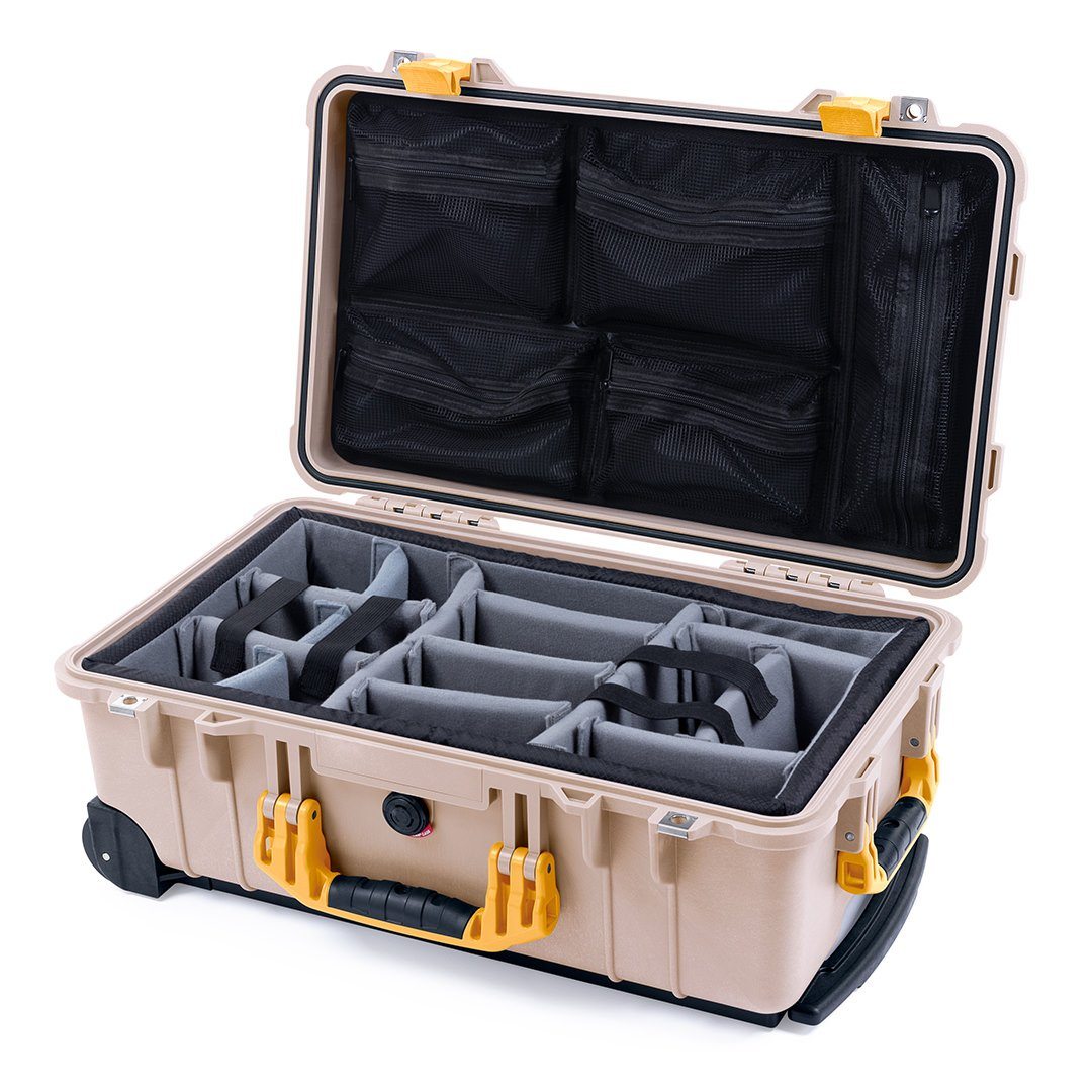 Pelican 1510 Case, Desert Tan with Yellow Handles & Latches Gray Padded Microfiber Dividers with Mesh Lid Organizer ColorCase 015100-0170-310-240