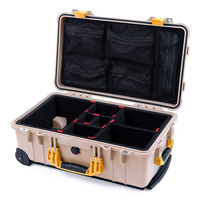 Pelican 1510 Case, Desert Tan with Yellow Handles & Latches TrekPak Divider System with Mesh Lid Organizer ColorCase 015100-0120-310-240