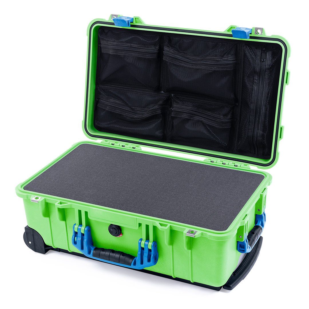 Pelican 1510 Case, Lime Green with Blue Handles &amp; Latches Pick &amp; Pluck Foam with Mesh Lid Organizer ColorCase 015100-0101-300-120