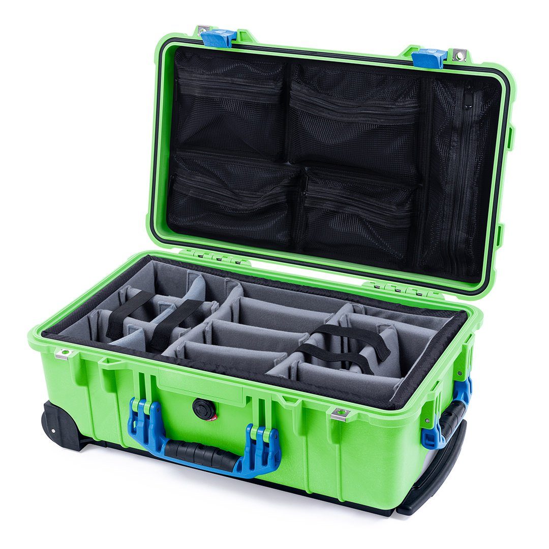 Pelican 1510 Case, Lime Green with Blue Handles &amp; Latches Gray Padded Microfiber Dividers with Mesh Lid Organizer ColorCase 015100-0170-300-120