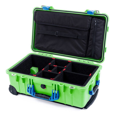 Pelican 1510 Case, Lime Green with Blue Handles & Latches TrekPak Divider System with Computer Pouch ColorCase 015100-0220-300-120