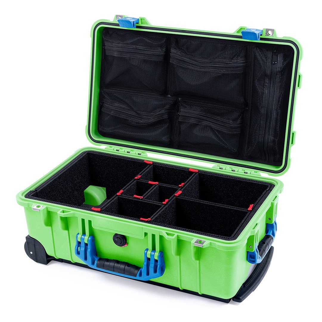 Pelican 1510 Case, Lime Green with Blue Handles &amp; Latches TrekPak Divider System with Mesh Lid Organizer ColorCase 015100-0120-300-120