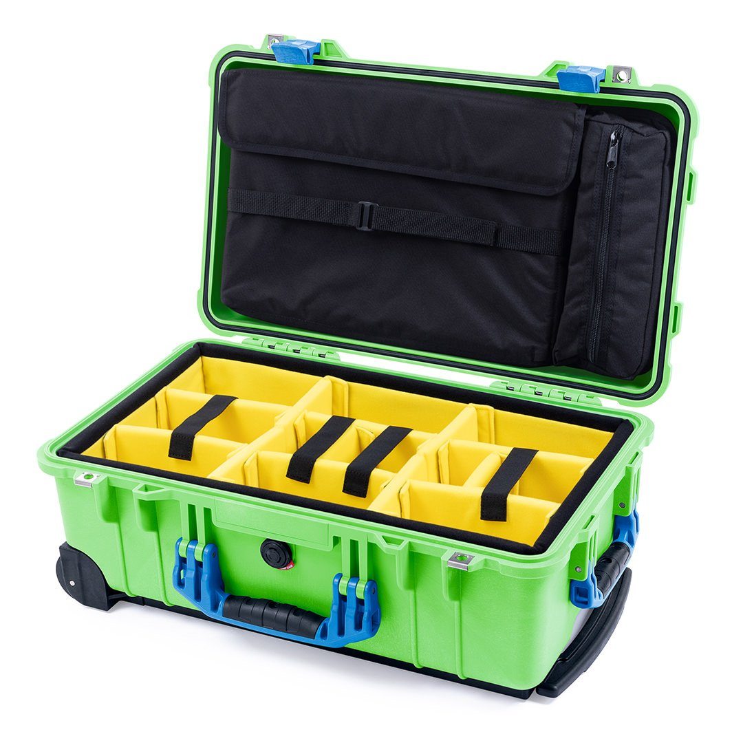 Pelican 1510 Case, Lime Green with Blue Handles &amp; Latches Yellow Padded Microfiber Dividers with Computer Pouch ColorCase 015100-0210-300-120