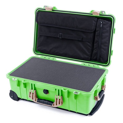 Pelican 1510 Case, Lime Green with Desert Tan Handles & Latches Pick & Pluck Foam with Computer Pouch ColorCase 015100-0201-300-310