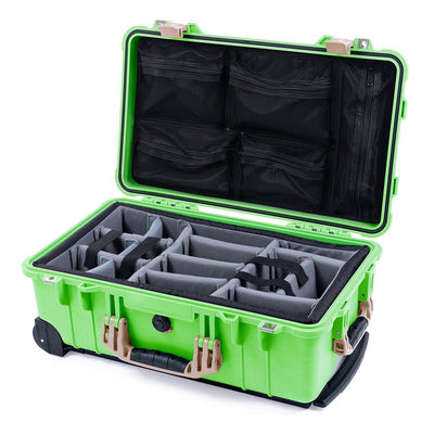 Pelican 1510 Case, Lime Green with Desert Tan Handles & Latches Gray Padded Microfiber Dividers with Mesh Lid Organizer ColorCase 015100-0170-300-310